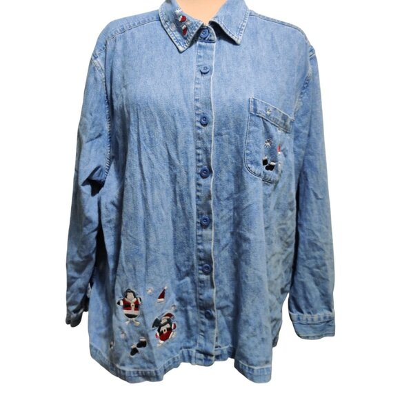 C.J. Banks 2X Plus Size Vintage 2004 Penguin Embroidered Denim Christmas Shirt - Picture 1 of 12